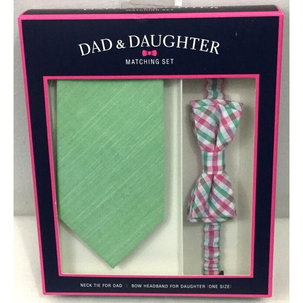 Dad & Daughter Matching Set Neck Tie / Bow Headband Oxford Check Green Pink NEW